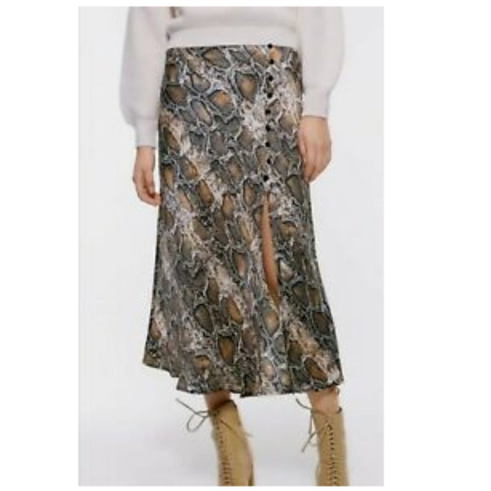 Zara neutral snakeskin midi skirt with slit and button details
